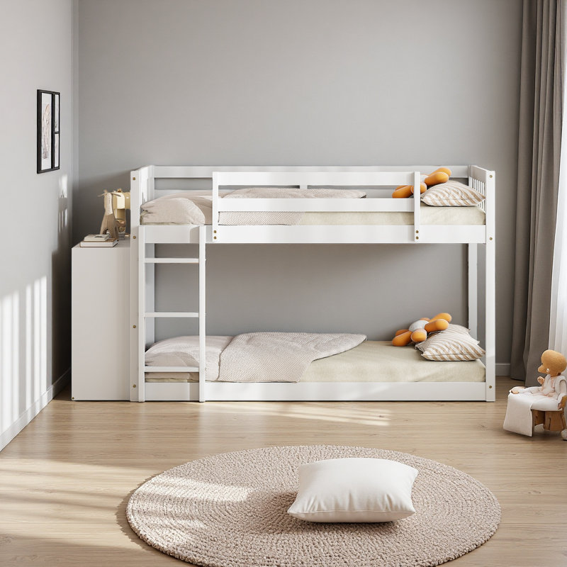 Lit superposé simple au-dessus de simple avec 4 tiroirs et 3 tablettes, Blanc