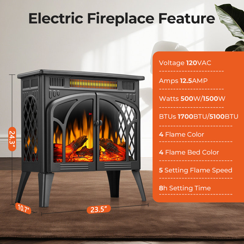 24 Inch Vintage Stove With 16 Color 3D Flame,Portable Design Electric Fireplace , Remote Control & Top Vent Safety System, Heats 1000 Sq.ft, 5 Speed/Light Settings, Auto Shutoff
