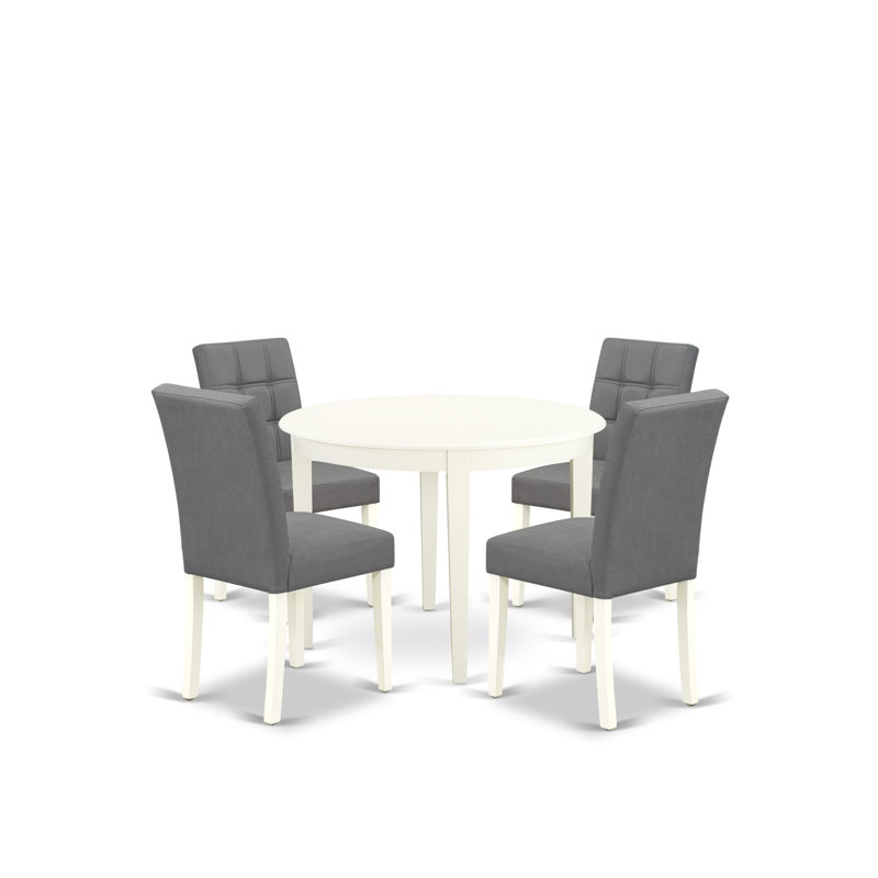 5 Piece Kitchen Table Set Includes A Dinner Table and 4 Platinum Gray Polyester Fabric Dining Chairs with Stylish Back- Linen White Finish