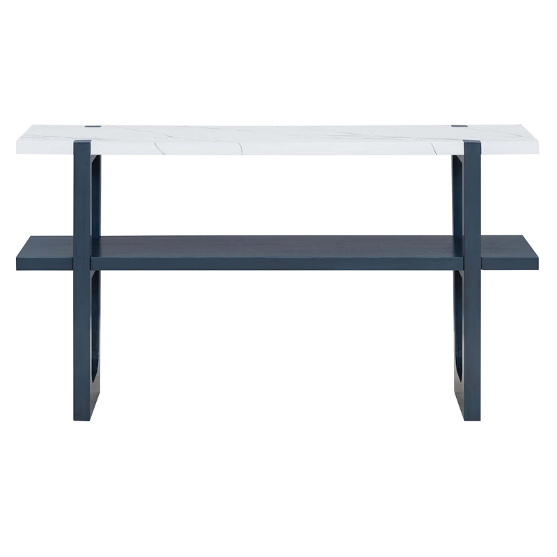 Narrow Console Table with Marble Effect Top, Retro Entryway Table with Open Shelf, Navy