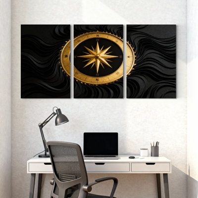 Boussole dorée sur fond de vagues noires, ensemble de 3 impressions d'art sur toile
