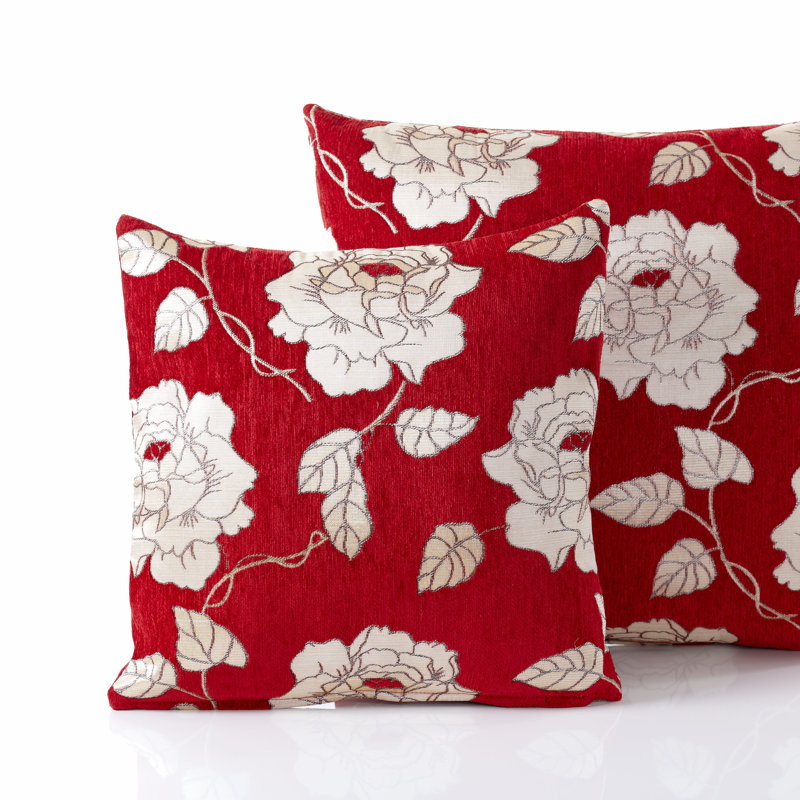 Piedmt Chenille Rose Cushion Cover with Filler Pad, 55 cm H x 55 cm W, Red