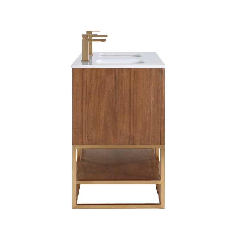 Terra 60'' W Double Vanity, White Quartz/Single Faucet Mount, Walnut, Satin Brass