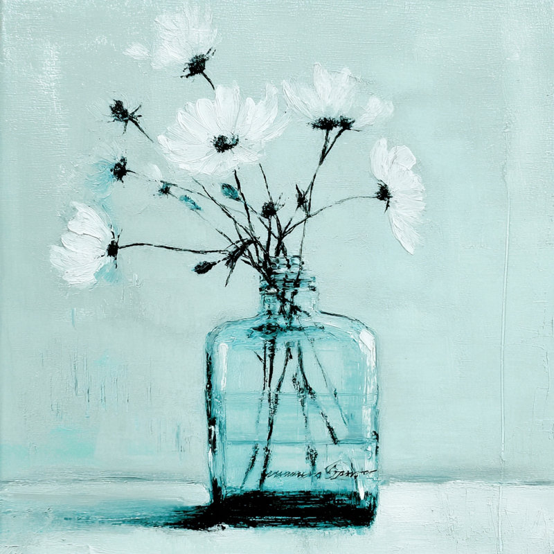 «White Blossoms in Aqua», reproduction d'art sur toile tendue, H 20 po x l 20 po