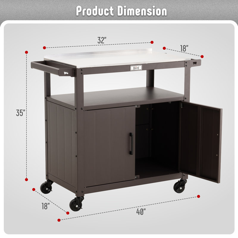 Brown Outdoor Grill Cart with Stainless Steel Tabletop and Storage Cabinet