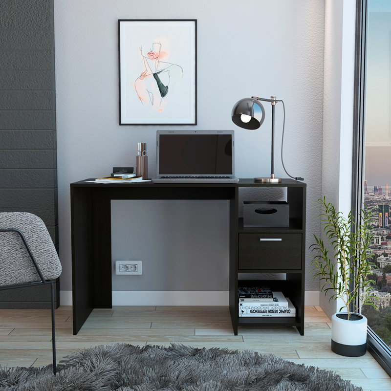 Bureau d'ordinateur compact Omma avec un tiroir et deux tablettes pour un espace de travail et de rangement efficace, Noir