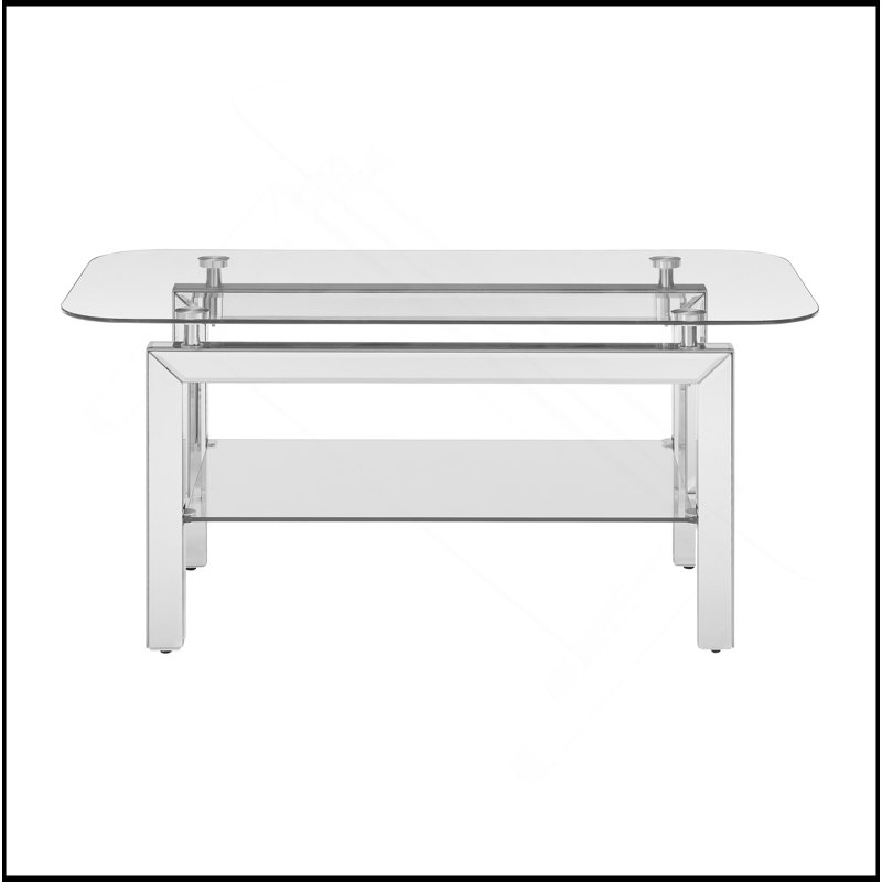 Table basse rectangulaire en verre trempé pour le salon, table basse pour la salle d'attente, table basse d'appoint moderne avec pieds en miroir en acier inoxydable, plateau de table en verre avec tablette inférieure, H 18 po, argent