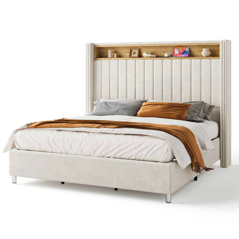 Bed Frame with LED Lights and Charging Station, Tall Headboard and Wingbacks Platform Bed, Cream, Queen