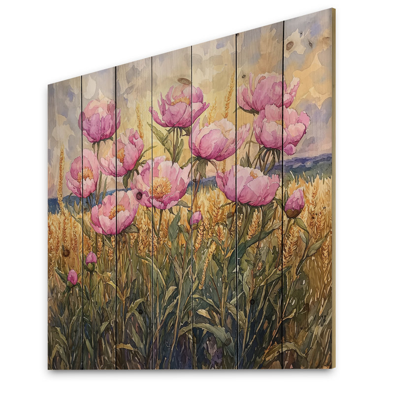 Peonies By The Field Of Gold I - Peonies Wood Wall Art - On Natural Pine Wood, 30" H x 30" W x 0.78" D