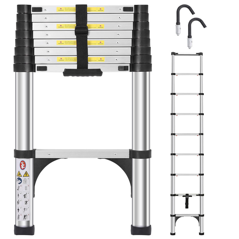 Telescoping Ladders 8.5 FT Aluminum Ladder, One-Button Retraction Collapsible Telescopic Ladder For Home,RV,Attic & Loft,(Silver)