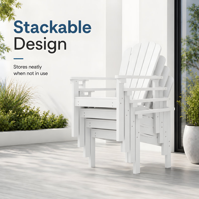 Pakkdiarie HDPE Stackable Adirondack Chairs with Cup Holders, All-Weather Outdoor Patio Chairs, 8, White