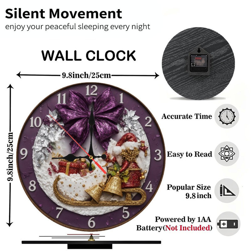 Horloge de Noël-Père Noël-Traîneau-Bow