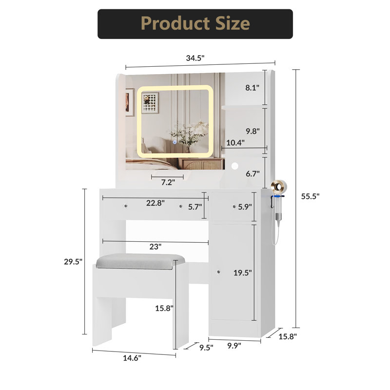 Bureau de coiffeuse avec miroir, 3 tables de maquillage avec station de charge, 3 tiroirs, 3 tablettes ouvertes et une armoire, coiffeuse moderne pour la chambre à coucher, studio de maquillage