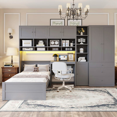 Wooden Twin Size Platform Bed With Desk, Wardrobe, Cabinets, Drawers, And Shelves