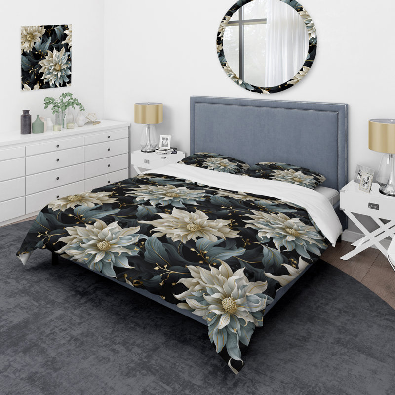 Beige And Blue Flowers Elegance - Ensemble de housse de couette glam, Housse de couette pour très grand lit et 2 très