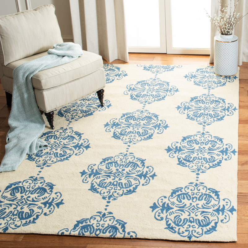 Tapis ivoire / bleu en laine crocheté à la main Daijah, Rectangle 9 pi x 12 pi