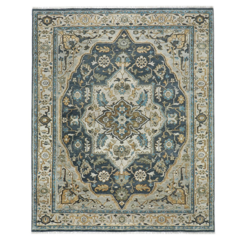 Tapis Oushak bleu en laine noué à la main 9 x 12, Bleu, Rectangle 9 pi x 12 pi