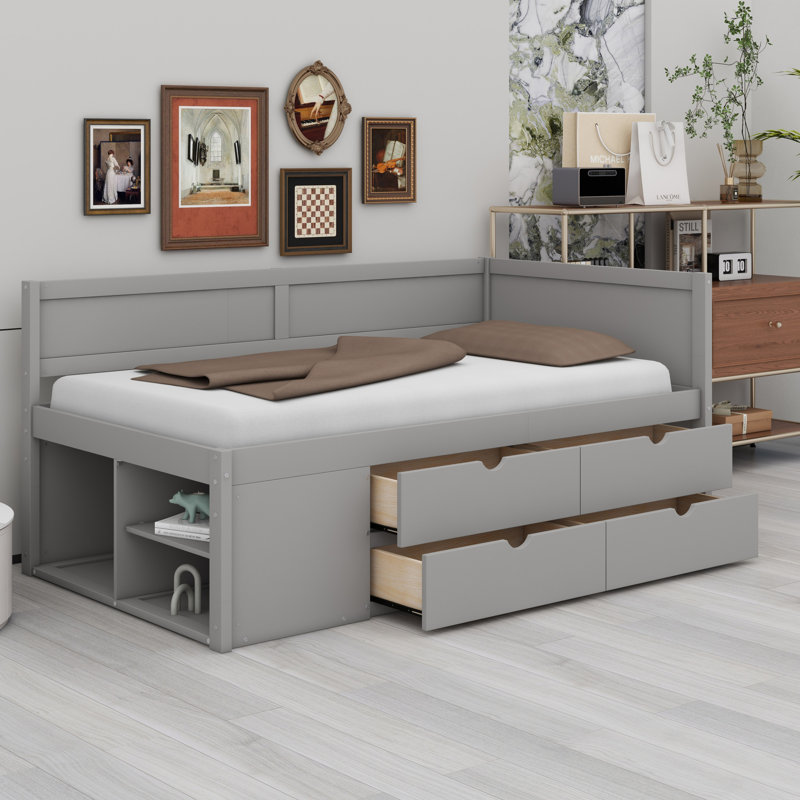 Lit de jour avec tiroirs et tablettes, gris