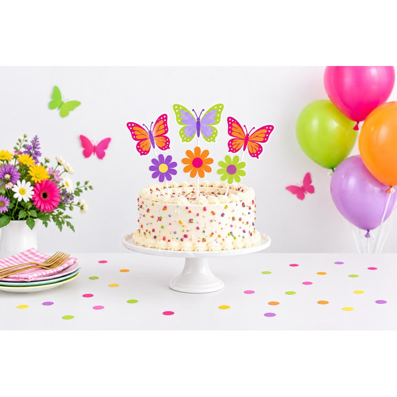 Butterfly Birthday Cake Decorations, Bright Garden Flower Topper Set