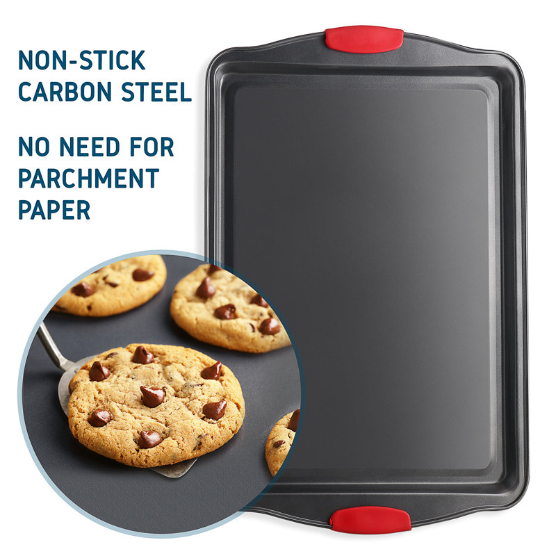 JoyTable Nonstick Carbon Steel Cookie Sheet Set with Red Silicone Handles