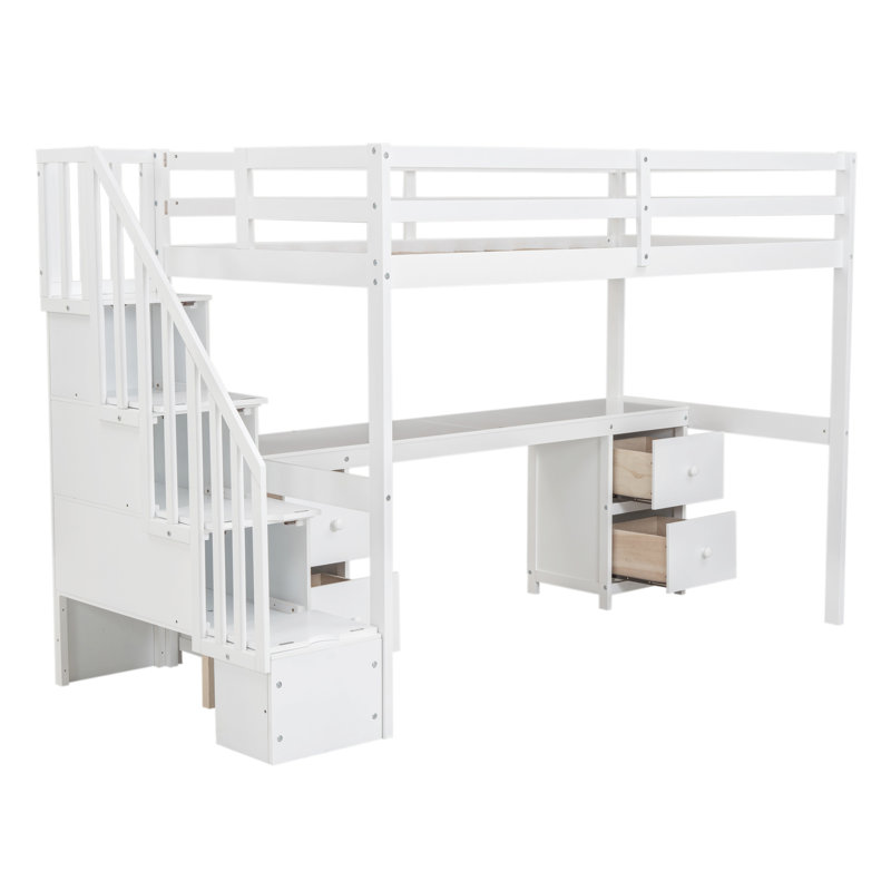 Lit mezzanine simple avec bureau intégré et rangement double, bois de pin pour une chambre à coucher apaisante Espace de rangement solide et confortable