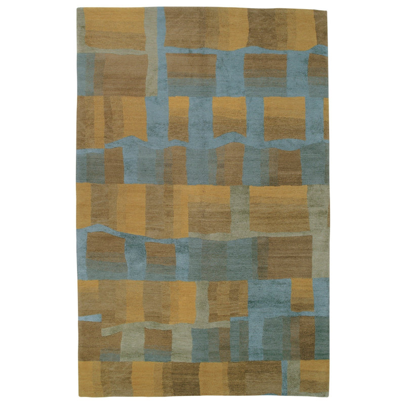 Eva H Geometric Area Rug in Blue/Brown/Gold, Rectangle 6' x 9'