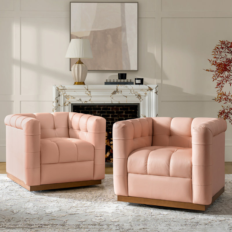 Sonika 32.5" W Genuine Leather Square Swivel Barrel Club Chair with Solid Wood Frame, Pink