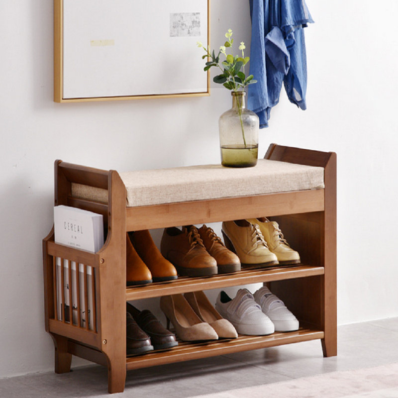 6-Pair Capacity Red-Brown Bamboo Shoe Bench with Hidden Storage