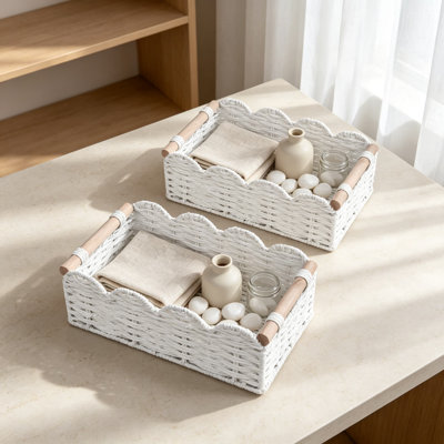 Ensemble de 2 paniers de rangement en corde de papier tissés à la main avec poignées en bois et bords festonnés, petits paniers en osier pour organisateur de papier hygiénique de salle de bain, décoration de tablette de salon, organisation à la mai