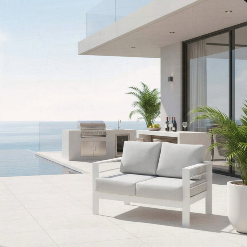 Causeuse de patio en aluminium antirouille avec coussins épais gris clair et structure blanche, Coussin gris / Cadre blanc