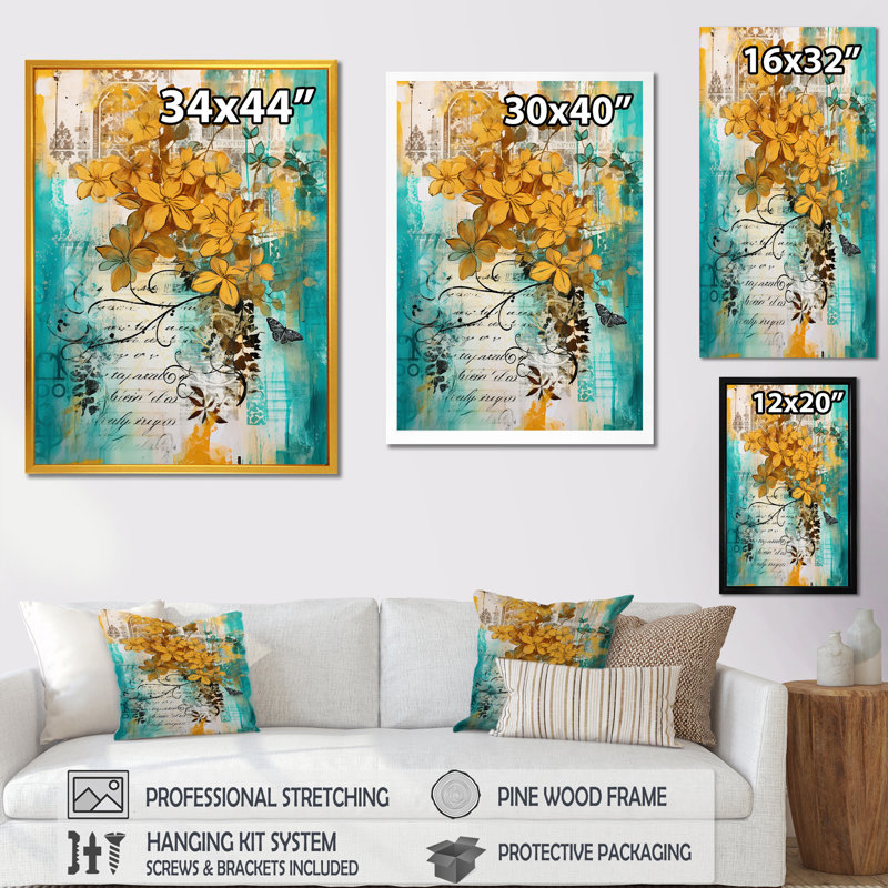 Fleurs jaunes sur turquoise, Cadre photo noir simple, H 40 po x l 30 po x P 1,5 po
