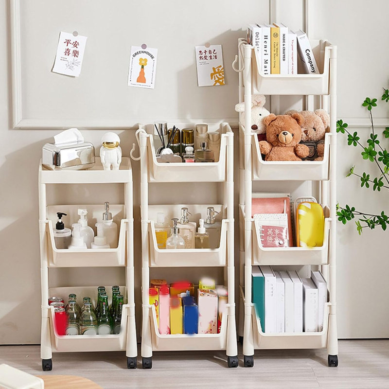  Organisateur de rangement mobile à 4 niveaux - Chariot roulant à 360 ° avec bacs profonds et crochets, idéal pour le garde-manger, le bureau, la buanderie, la salle de bain