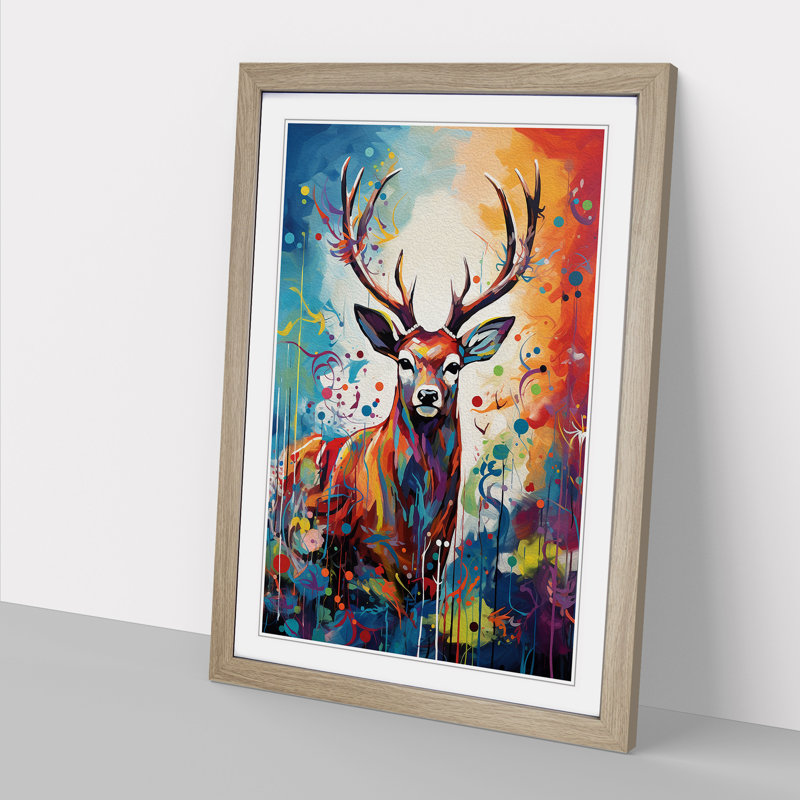 Deer Expressionism - Single Picture Frame Print on Wood, Oak Framed, 34cm H x 25cm W