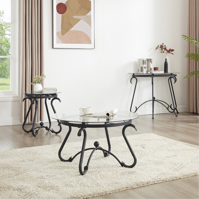 Ensemble de 2 tables basses de surface en verre trempé, table d'appoint ronde décorative avec construction robuste pour le salon (noir rustique)