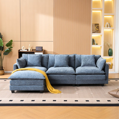 3 places en L bleu avec pour salon, revêtement en chenille, support à ressorts en acier et bureau d'appoint en mousse, convertible en fauteuil inclinable, éponge haute densité