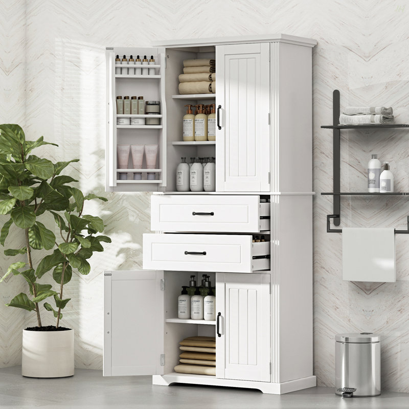 Storage Cabinet With Multi-Functional Storage Space, Doors With Storage Shelves, 2 Drawers, Adjustable Shelf, White