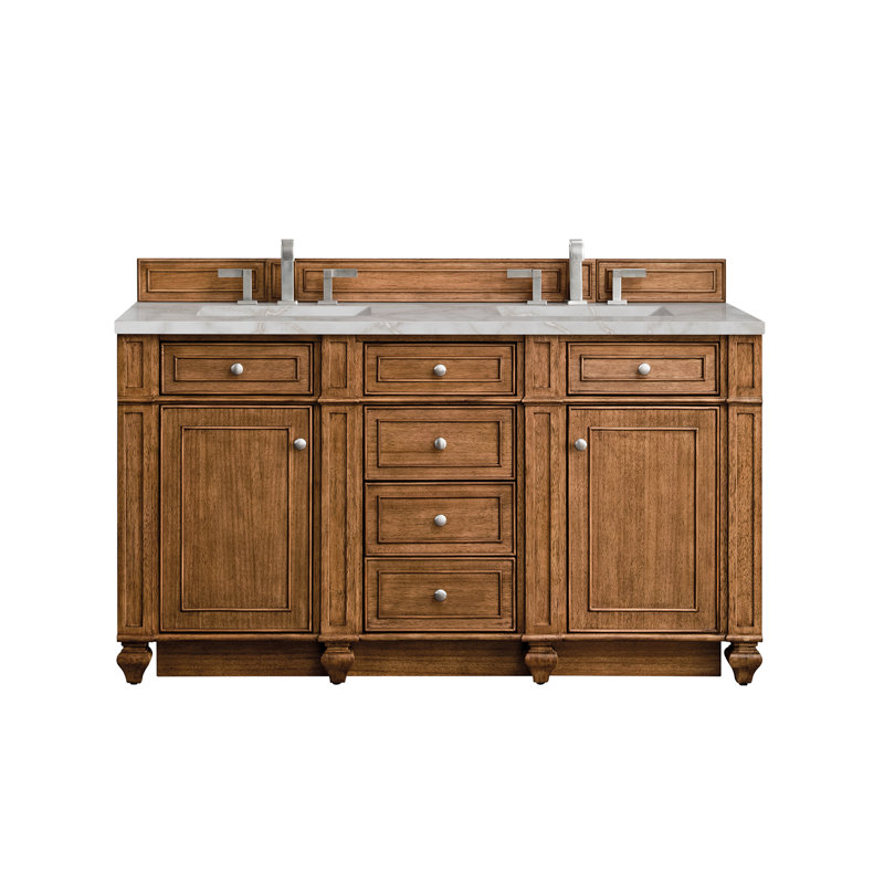 Meuble-lavabo double 60 po Bristol avec chargeur sans fil FreePower, Brun selle, Argent victorien