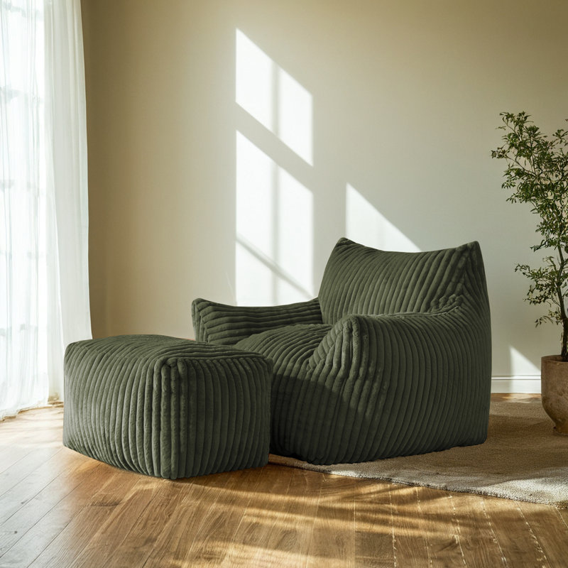 Striped Corduroy Lazy Suspension Sofa Set with Footstool, High Density Memory Foam Padding, Spacious Seat, Installation Free Design