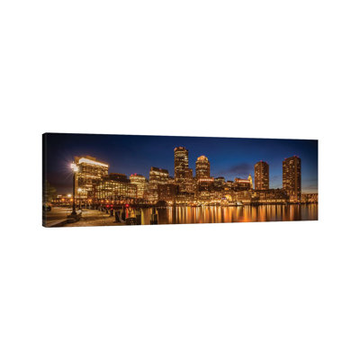 Boston Fan Pier Park & Skyline In The Evening | Panoramic by Melanie Viola - Wrapped Canvas Panoramic Print
