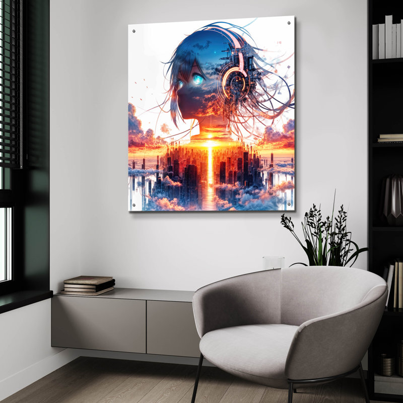 Art mural en verre acrylique 36 po x 36 po «Art Girl - City Sunrise» par Rey Klimt, H 36 po x l 36 po