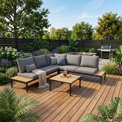 Modern L-Shaped Outdoor Sectional With Coffee Table, Water-Resistant Cushions For Patio & Garden