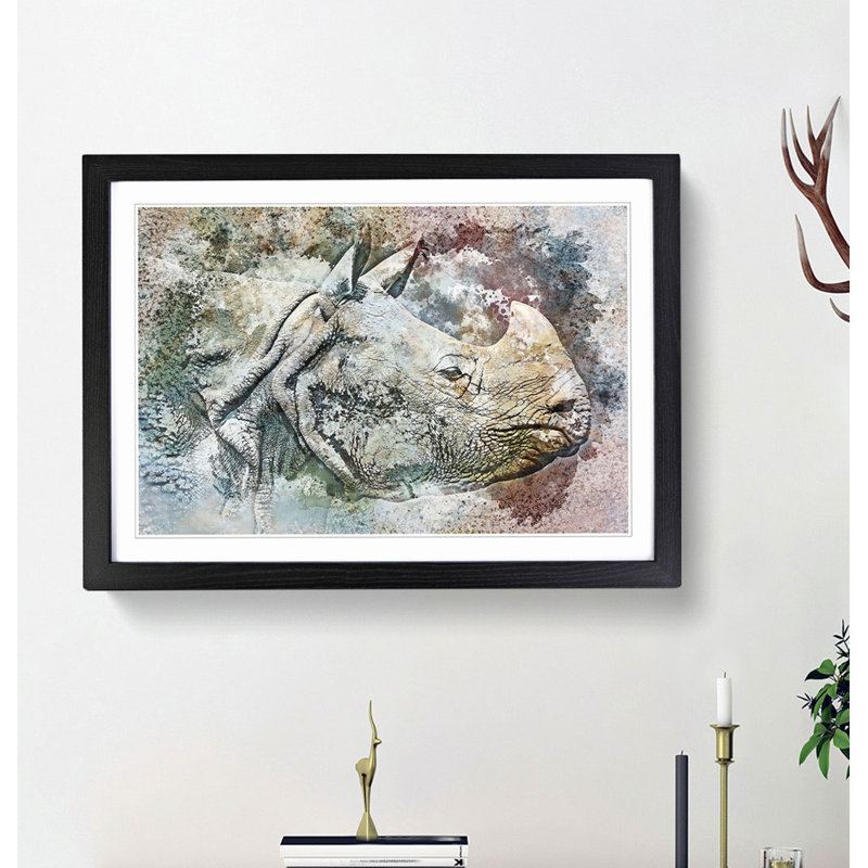 Wild Rhino in Abstract - Picture Frame Painting Print, 27cm H x 36cm W x 2cm D, Black Framed