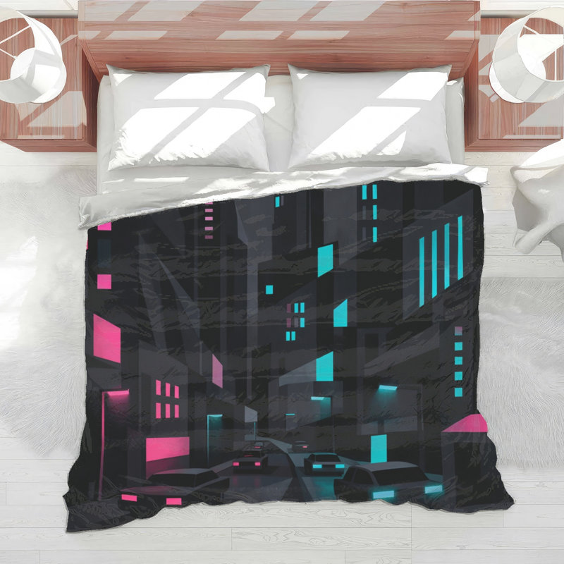 Édredon Urban Cityscape Illustration, Simple extra long, Cyan vif et rose vif