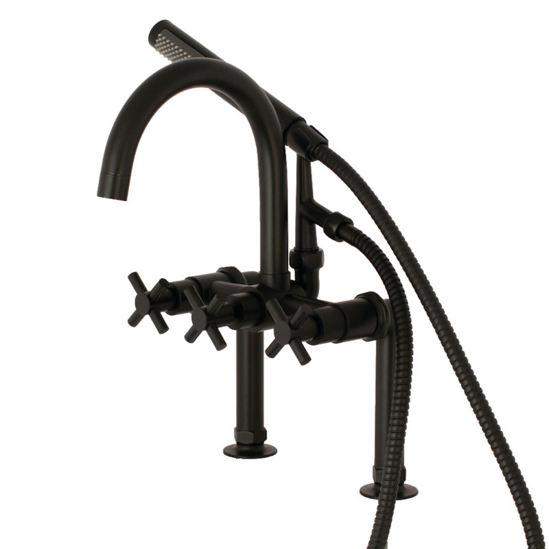 Kingston Brass Concord Three-Handle 2-Hole Deck Mount Clawfoot Tub Faucet with Hand Shower, Matte Black