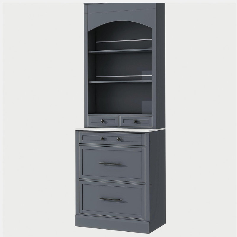 [Vidéo d'assemblage fournie] Tablette de rangement moderne de 83,7 pouces de hauteur avec plateau en marbre, vitrine avec 5 tiroirs de rangement et tablettes réglables, gris Topmax