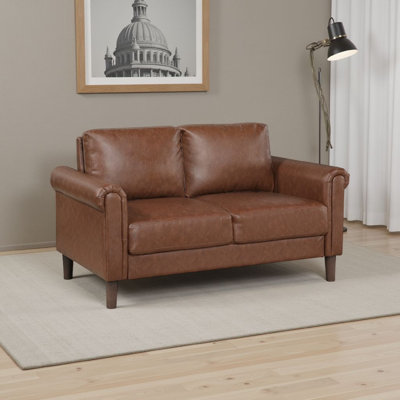 Lo Loveseat W Rolled Arms, Midcentury  Faux Leather 57 Inch