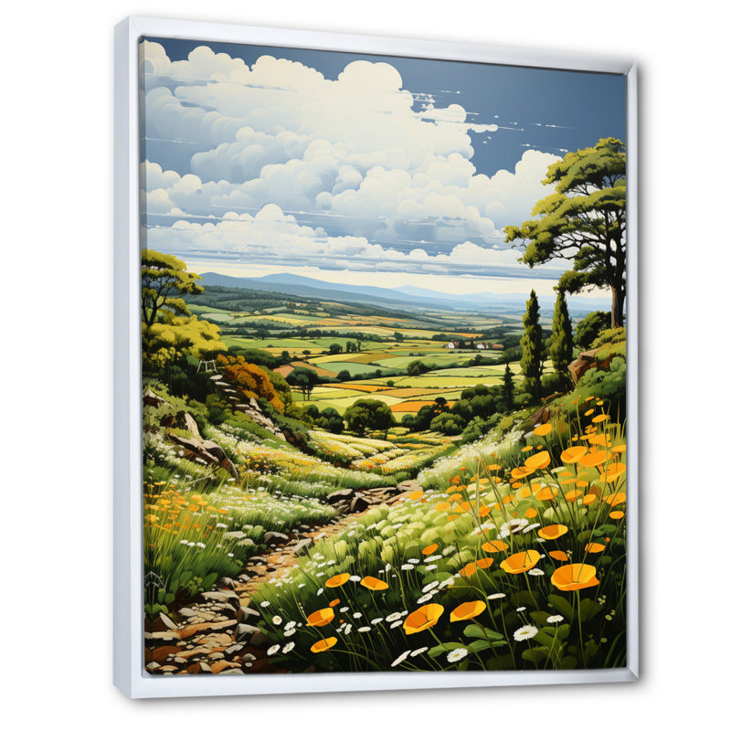 Paysage de campagne rêveur vert et jaune Unionvale III - impression, H 40 po x l 30 po x P 1,5 po, Cadre flottant blanc