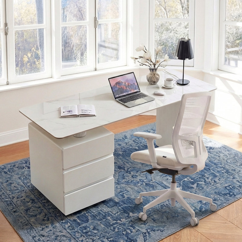 Bureau 71 po blanc avec rangement, bureau de direction extensible moderne en bois avec plateau en faux marbre pour bureau à domicile, bureau d'ordinateur et bureau d'étude
