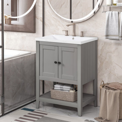 Ensemble de meuble-lavabo simple 24 po Leldon, élégant lavabo en céramique avec cadre en bois massif