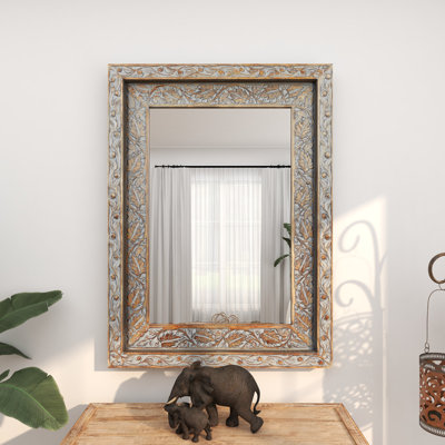 Nelsen Brown Wood Handmade Intricately Carved Floral Wall Mirror 36" x 3" x 48"